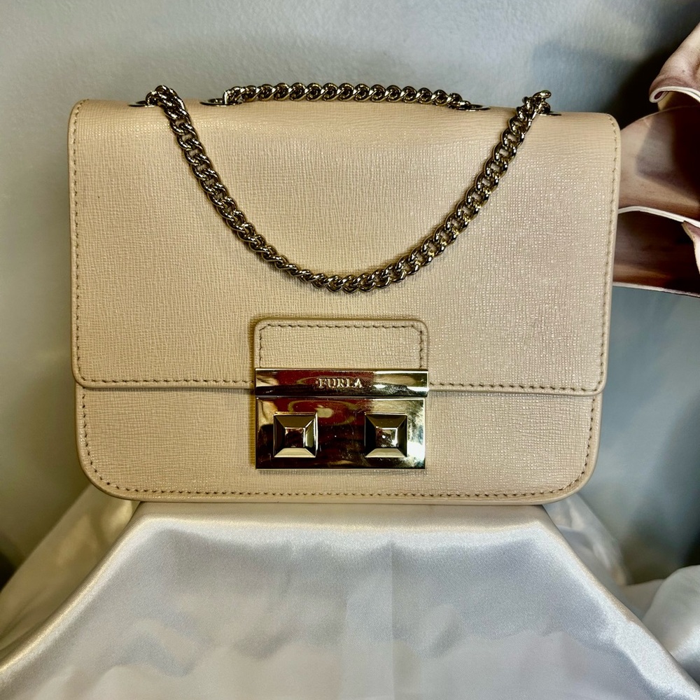 Furla Metropolis Mini Crossbody in Nude Beige with Gold Chain